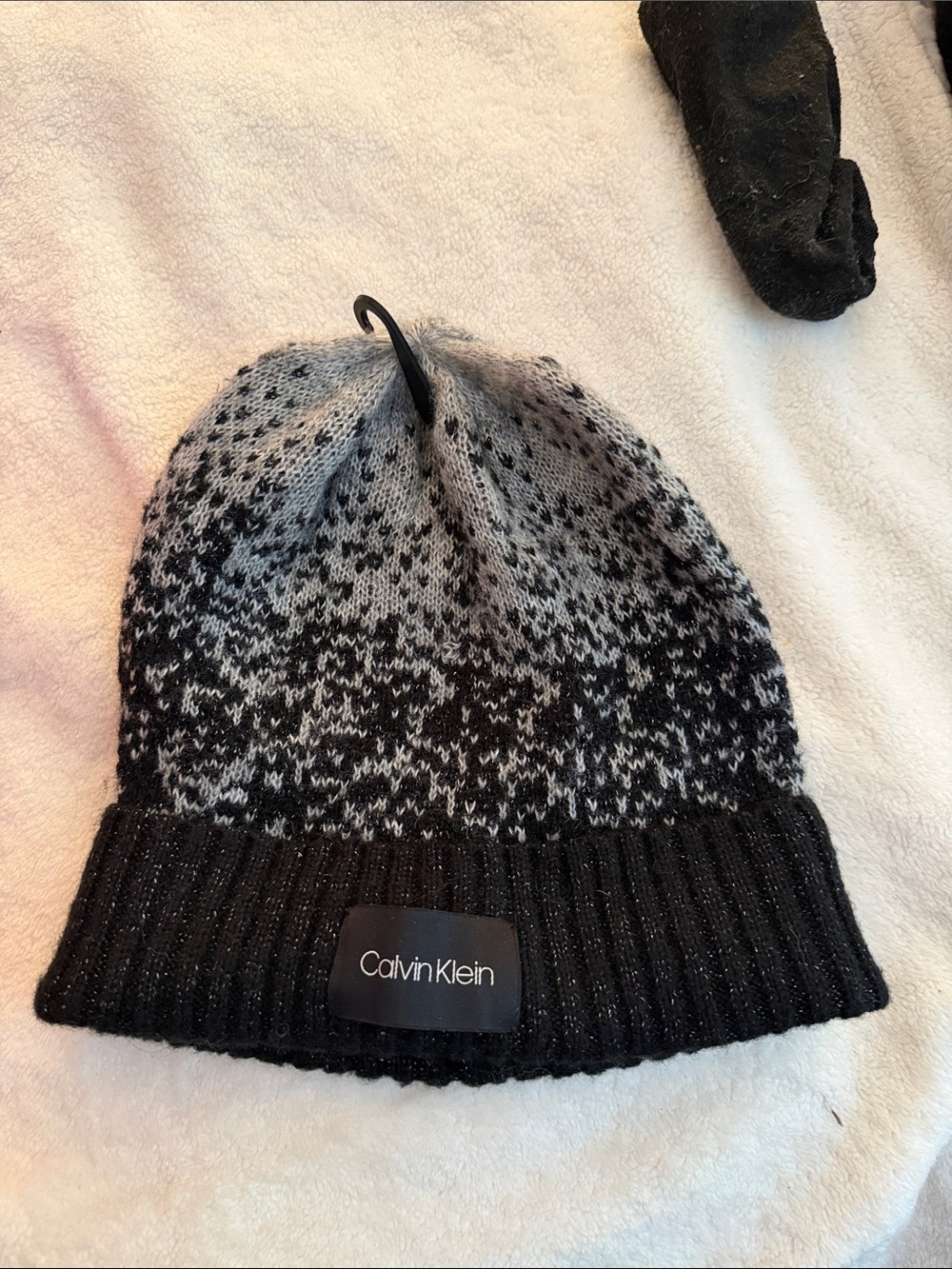 Calvin Klein Black and Gray Patterned Knit Beanie